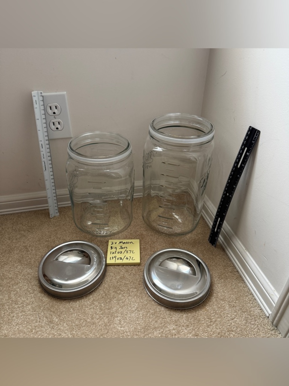 2 x big Mason jars Glass Kitchen Storage with Silver Metal lids rare